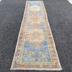 Vintage Rug, Runner Rug, Turkish Rug, Guney Rug, Rugs For Kitchen, 3.2x12.6 ft Blue Rug, Handwoven Vintage Turkish Rug, Wool Rug