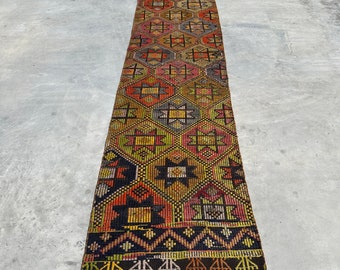 Vintage Kilim, Turkish Kilim, Runner Kilim, Embroidered Kilim, Rugs For Stair, Decorative Anatolian Kilim, Rainbow Kilim, Corridor Kilim,