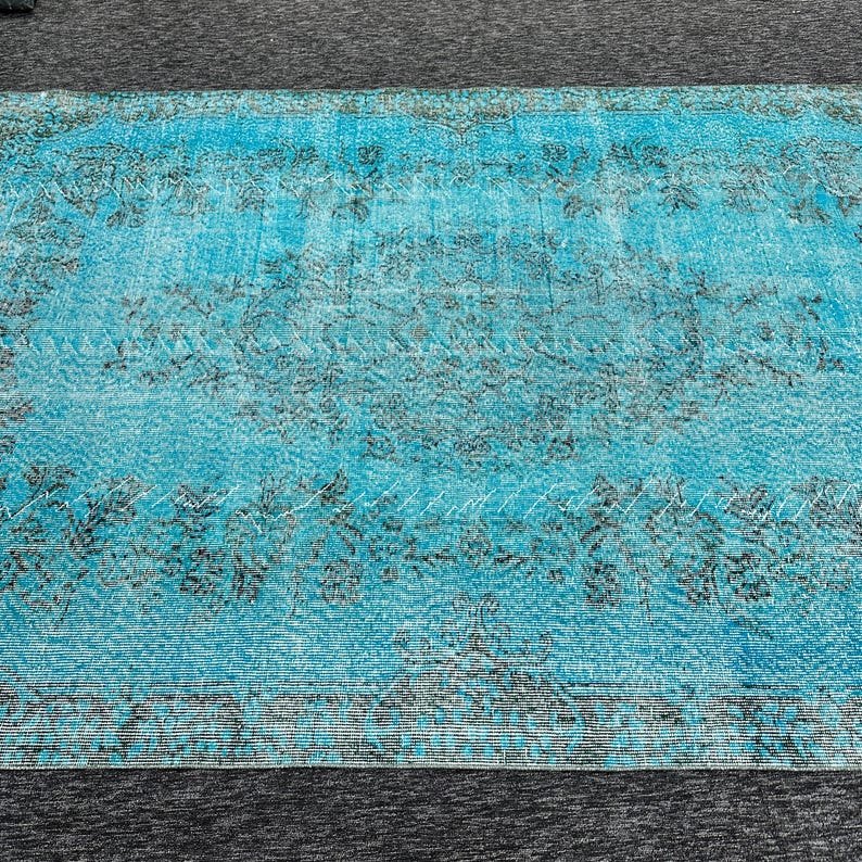 Alfombra teñida con efecto desgastado, alfombra grande, alfombra Oushak, 1,70 x 2,65 m, alfombra turca vintage azul, decoración floral descolorida para sala de estar. imagen 5