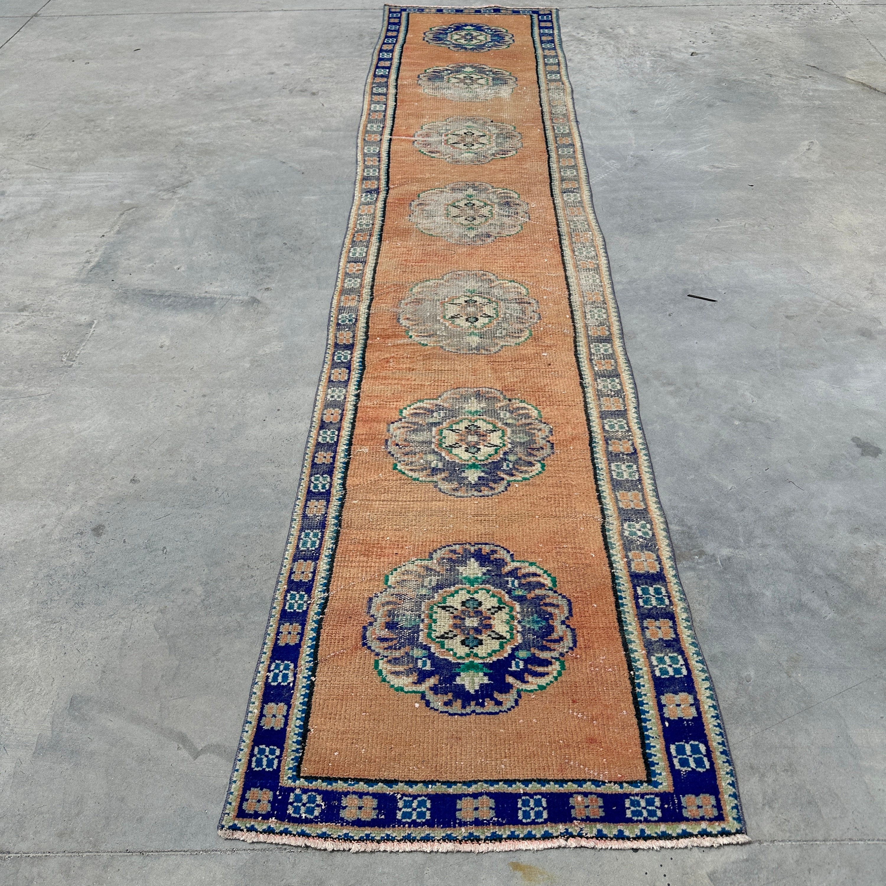 2.4x11.4 Ft Runner Vintage Turkish Rug, Brown Oriental Wool Rug