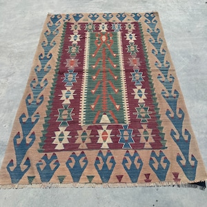 Turkish Kilim, Vintage Kilim, Accent Kilim, Geometric Anatolian Kilim, Rugs For Living Room, 3.6x5.3 ft Colorful Kilim, Entryway Kilim,