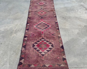 Vintage Rug, Herki Rug, Turkish Rug, Runner Rug, Anatolian Rug, Rugs For Corridor, 2.9x11.9 ft Pink Rug, Wool Stair Rug, Boho Rug Runner,