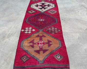 Runner Rugs, Turkish Rug, Vintage Rug, Herki Rug, Kitchen Rug, Rugs For Corridor, 3x10.6 ft Pink Rug, Anatolian Wool Rugs, Vintage Decor,