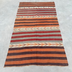 Turkish Kilim, Accent Kilim, Vintage Kilim, Patterned Kilim, Rugs For Kitchen, Anatolian Striped Kilim, Orange Kilim, Handwoven Kilim,