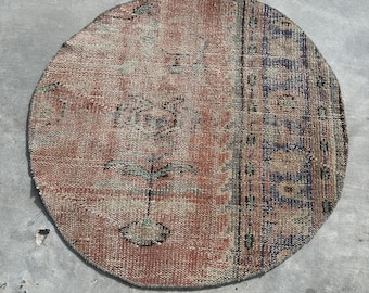 Vintage Rug, 3x3 ft Small Rugs, Round Rug, Turkish Rug, Antique Rugs, Rugs For Bathroom, 2.6x2.7 ft Beige Rug, Faded Anatolian Wool Rugs,