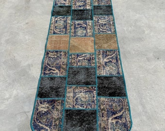 Turkish Rug, 3x7 ft Runner Rug, Vintage Rug, Patchwork Rug, Oushak Rug, Rugs For Entry, 2.6x6.9 ft Blue Rug, Floor Rug, Wool Runner Rug,