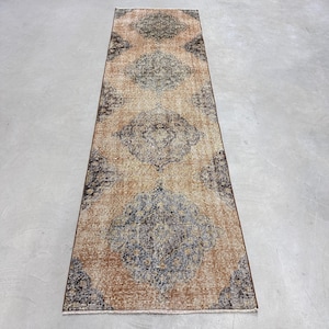 Vintage Turkish Rug, 2.6x9.3 ft Oushak Rug, Brown Patchwork Wool Rug