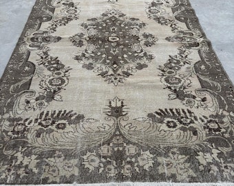 Turkish Rug, Vintage Rug, 7x10 ft Large Rugs, Floral Oushak Rug, Rugs For Dining Room, 6.4x9.9 ft Beige Rug, Wool Rug, Turkish Salon Rug,