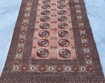 Vintage Rug, Turkish Rug, Accent Rug, Geometric Oushak Rugs, Rugs For Kitchen, 3.9x5.8 ft Brown Rug, Turkmen Rugs, Tribal Turkish Rug,