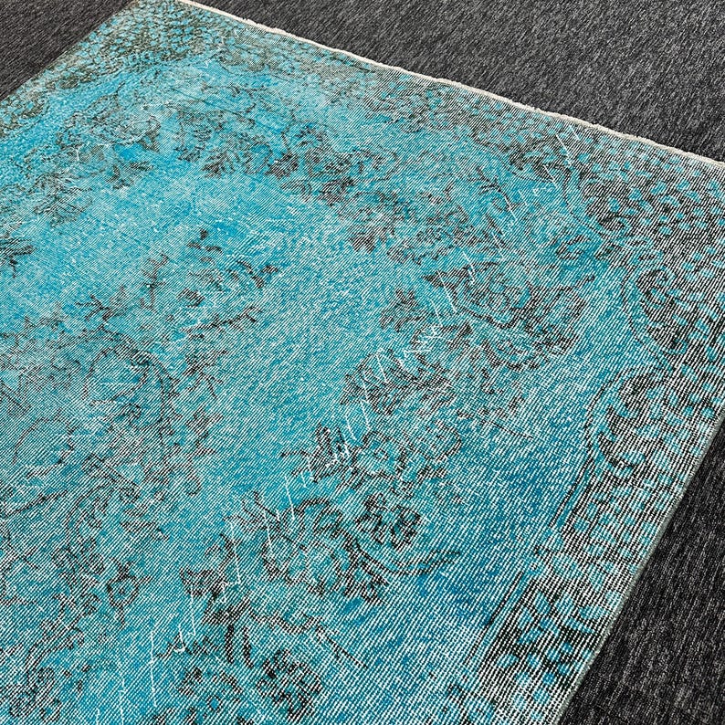 Alfombra teñida con efecto desgastado, alfombra grande, alfombra Oushak, 1,70 x 2,65 m, alfombra turca vintage azul, decoración floral descolorida para sala de estar. imagen 7