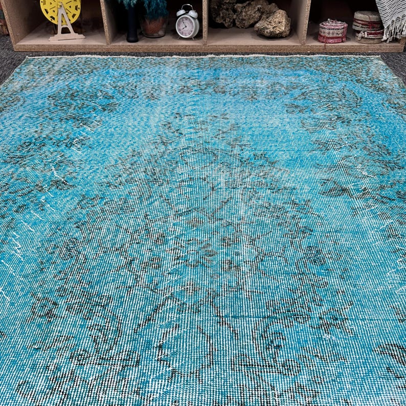Alfombra teñida con efecto desgastado, alfombra grande, alfombra Oushak, 1,70 x 2,65 m, alfombra turca vintage azul, decoración floral descolorida para sala de estar. imagen 8