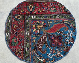 Vintage Rug, Turkish Rug, 4x4 ft Small Rug, Round Rug, Anatolian Rug, Rugs For Kitchen, 3.3x3.3 ft Red Rug, Antique Rugs, Door Mat Rug,