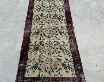 Turkish Rug, Patchwork Rug, 3x7 ft Accent Rug, Vintage Rug, Flower Pattern Anatolian Rug, Rugs For Kitchen, 2.7x6.5 ft Purple Rug, Wool Rug,