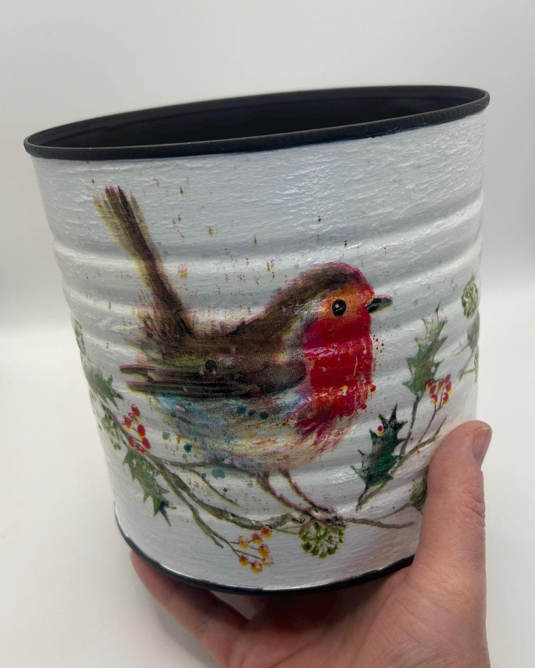 Robin Decoupaged Large 15cm X 15cm Recycled Robin Decoupage Tin Storage Container Plant ...
