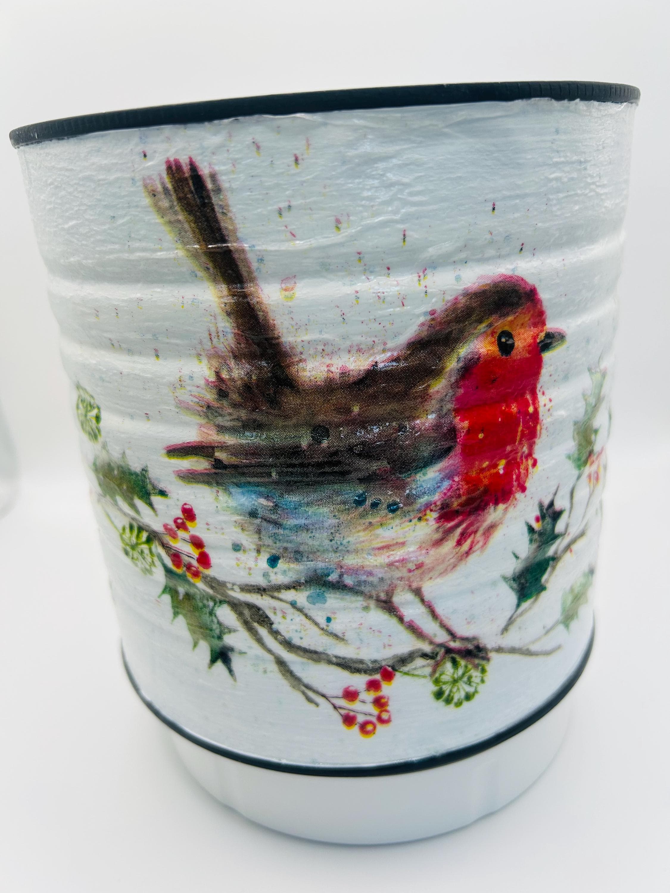 Robin Decoupaged Large 15cm X 15cm Recycled Robin Decoupage Tin Storage Container Plant ...