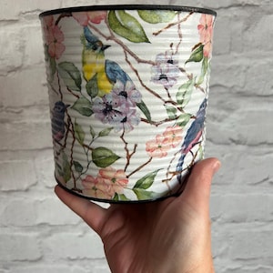 large 15cm x 15cm  Recycled Floral Bird Decoupage Tin Storage Container Plant Pot