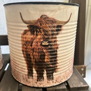 May include: A white metal planter with a black rim features a brown and black Highland cow with long hair. The planter is sitting on a wooden shelf.