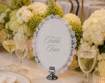 Lace Trim Table Numbers - Romantic Wedding Table Signs, Vintage Lace Wedding Decor, Heirloom Reception Decor, Elegant Table Number Cards