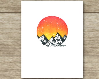 Mountainside Sunrise Watercolor Print - 8x10