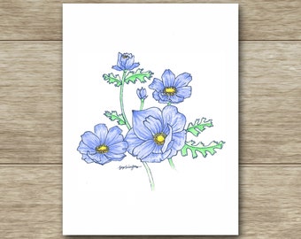 Blue Anemone Watercolor - 8x10 or 5x7