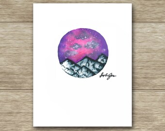 Mountainside Purple Sky Watercolor Print - 8x10