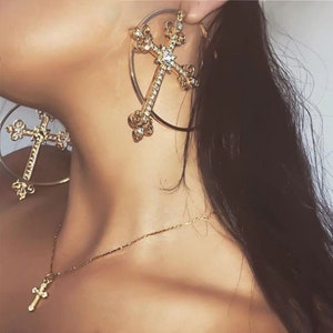Hoop Cross Earrings, Crucifix Earrings, Religious Jewelry, Gold Cross Earrings, Large Hoop Earrings, Large Cross Earrings, Party Jewelry