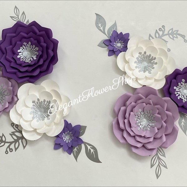 Shades of purple and white paper flower backdrop, nursery wall decor, baby shower decor, purple flowers set