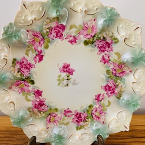 Austria MZ Pink Rose Embossed Decorative Plate Scalloped Edges and Gold Gilding Victorian Decor 10" Diameter Kitchenware Entertaining