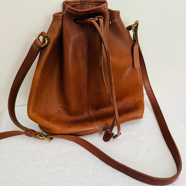 Vintage Coach Leather Bucket Bag 1990's Drawstring Closure Nicholas Shoulder Bag British Tan Roomy Interior - Previously Loved