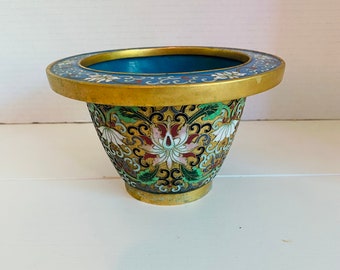 Cloisonne Bowl - Vase Vintage Bowl Chinese Floral Design Home Decor Brass / Gold Trimmed