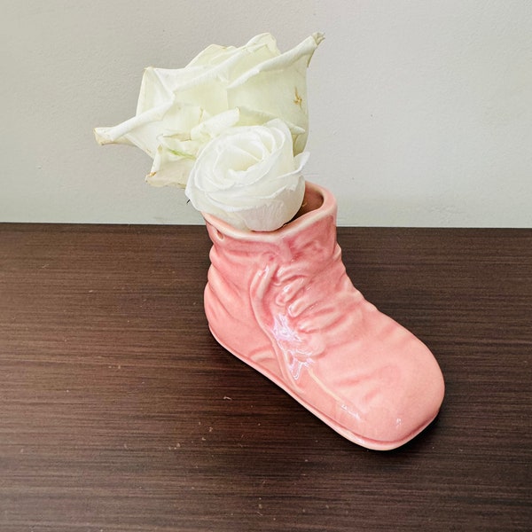 1950's Retro Pink Ceramic Baby Shoe - Planter Nursery Decor Vintage Baby Shoe