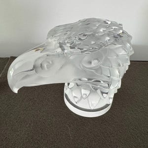 Art Deco Vintage Car Hood Ornament Eagle Head Frosted & Polished Glass Car Mascot French Designer R Lalique Signed Piece