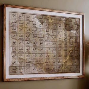 99 Names of Allah with English Meanings | Abstract Gold Design | Arabic Calligraphy Wall Art | Large Islamic Wall Art | Muslim Home Decor