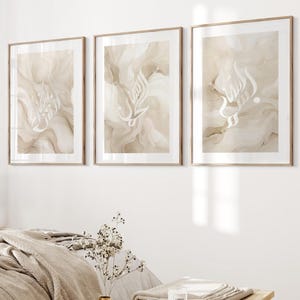 Set of 3 Islamic Canvas Prints – Bismillah, InshaAllah, Alhamdulillah – Abstract Beige Waves – Modern Muslim Wall Art – Islamic Decor