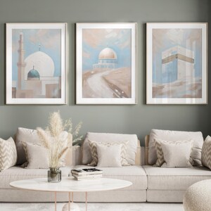 Set di arte murale islamica - Kaaba, Masjid Al Aqsa, Al Masjid An Nabawi - Stampe su tela astratte beige e blu - Arredamento per la casa musulmano