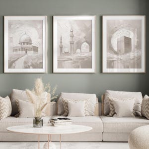 Set di arte murale islamica – Kaaba, Masjid Al Aqsa e Al Masjid An Nabawi – Stampe su tela beige minimaliste – Decorazione sacra della moschea – Regalo per la casa musulmana