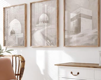 Islamic Wall Art Set – Beige Mosque Prints, Muslim Home Decor