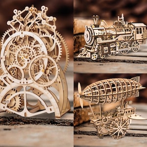 DIY Wooden 3D Mechanical Model Kit (Locomotive, Airship, Pendulum Clock)