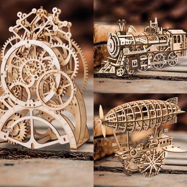 Kit de modèle mécanique 3D en bois bricolage (locomotive, dirigeable, horloge à pendule)