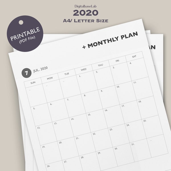 2020 Monthly Planner Printable/ Month on 1 Page/ 2020 Planner Inserts/ Planner Pages/ Dated Planner/ A4, Letter Size/ 2020 Monthly Calendar/