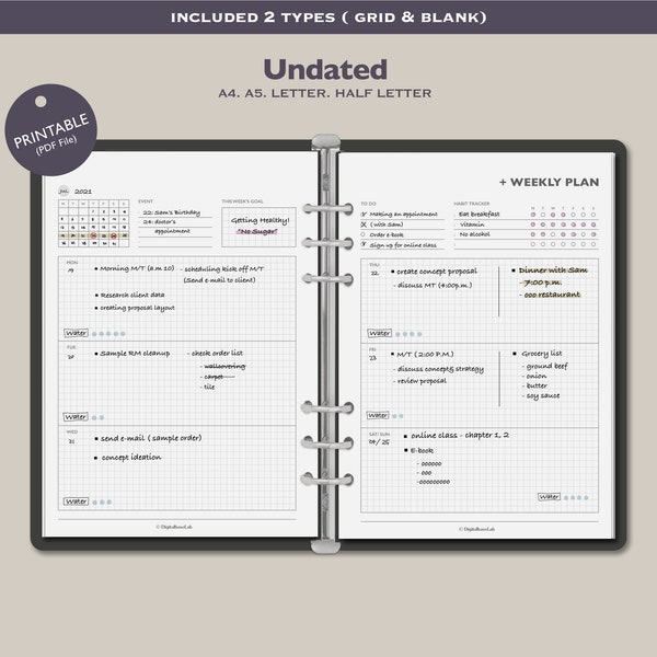Undated Weekly Planner Printable/ Simple Weekly Organizer PDF/ Productivity Template/ Perpetual Layout pages/A4, A5, Letter, Half-LetterSize