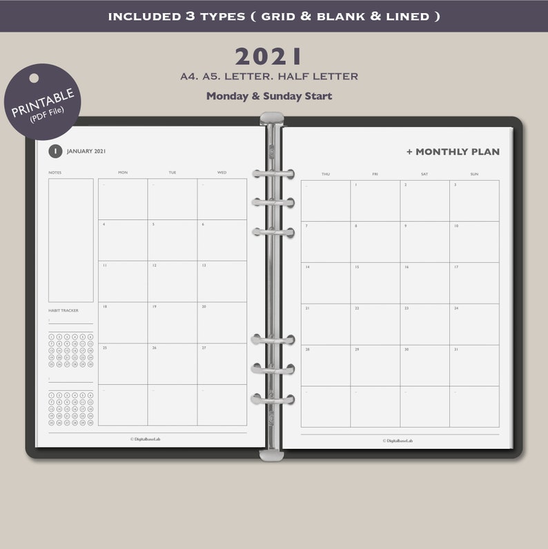 2021 Monthly Planner Printable/ 2021 Monthly Calendar/ Simple Monthly