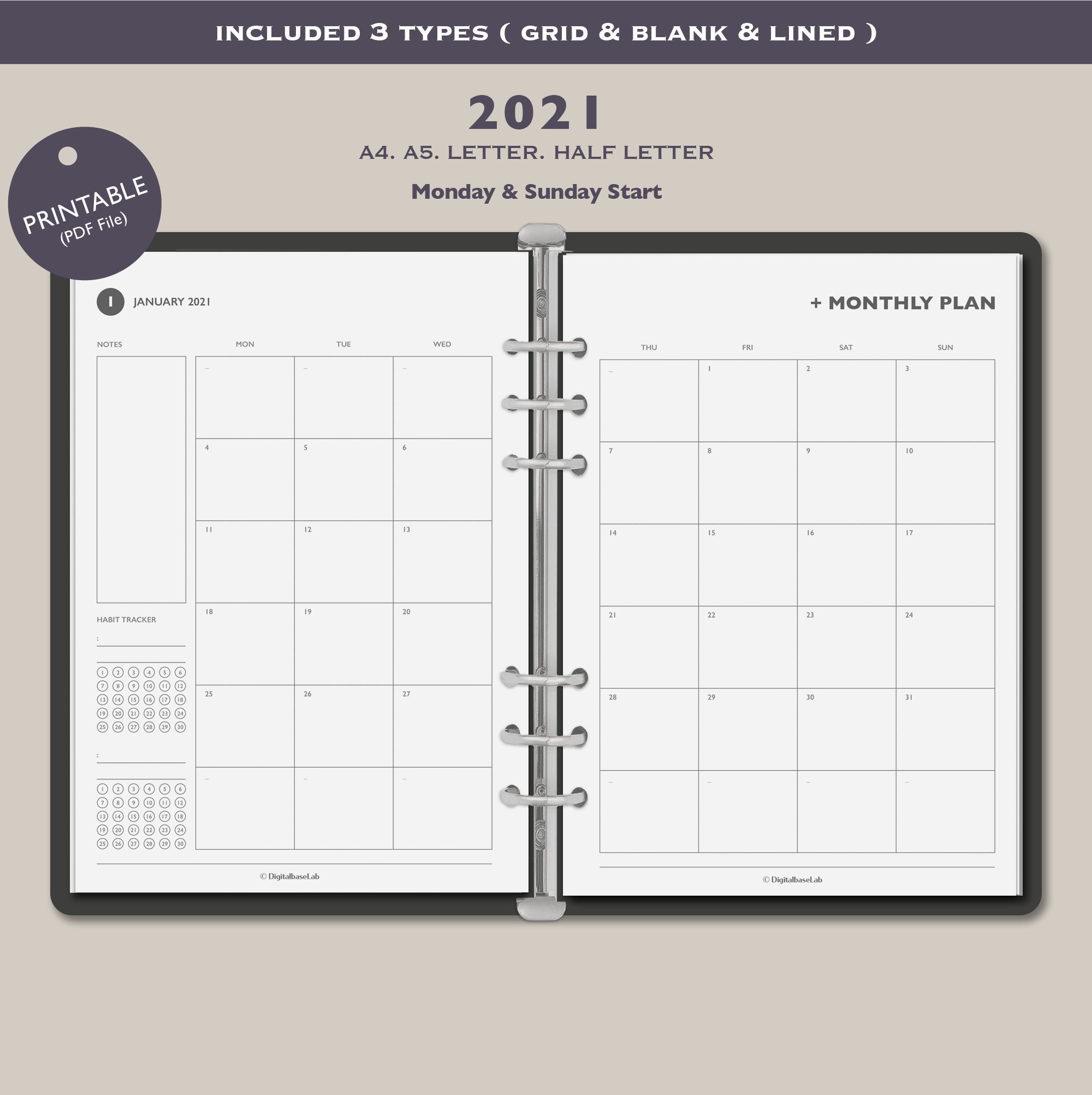 2021 Monthly Planner Printable/ 2021 Monthly Calendar/ Simple Monthly