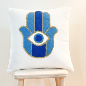 Punch Needle Pillow Cover, Evil Eye Pillow Case, Hamsa Hand Pillow, Embroidery Fatima Hand Cushion , Tufted Throw Pillow