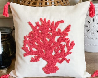 Embroidered Coral Pillow, Red Coastal Trow Pillow, Ocean Home Decor, House Decor, Housewarming Gift, Nautical Coral Color Cushion Cover