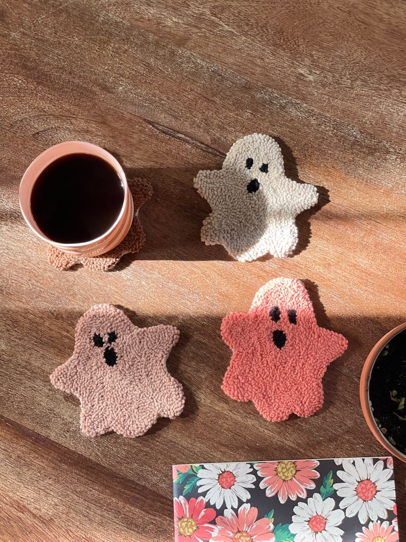 Punch Needle Halloween Coaster, Halloween Decor, Spooky Pink Mug Rug, Handmade Halloween Gift, Tufted Coffee Coaster image 1