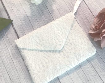 Ivory Lace Bridal Clutch Bag: Handmade Wedding Purse with Wrist Strap