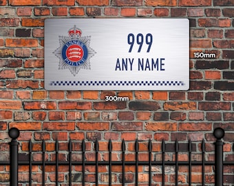 Gepersonaliseerde politiebord van geborsteld metaal Essex – aangepaste naam en kraagnummer | Officieel politieembleem | Kluis- of kantoorplaquette