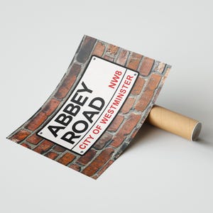Abbey Road Street Sign Poster – Brick Wall Background | Beatles-Inspired Wall Art | A4 or A3 Print | London Music Decor | Retro Street Sign