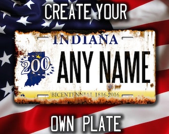 Indiana 200 - USA Custom Metall Kennzeichen, Americana, USA, Handgemacht in Großbritannien- Personalisiert/Individualisiert